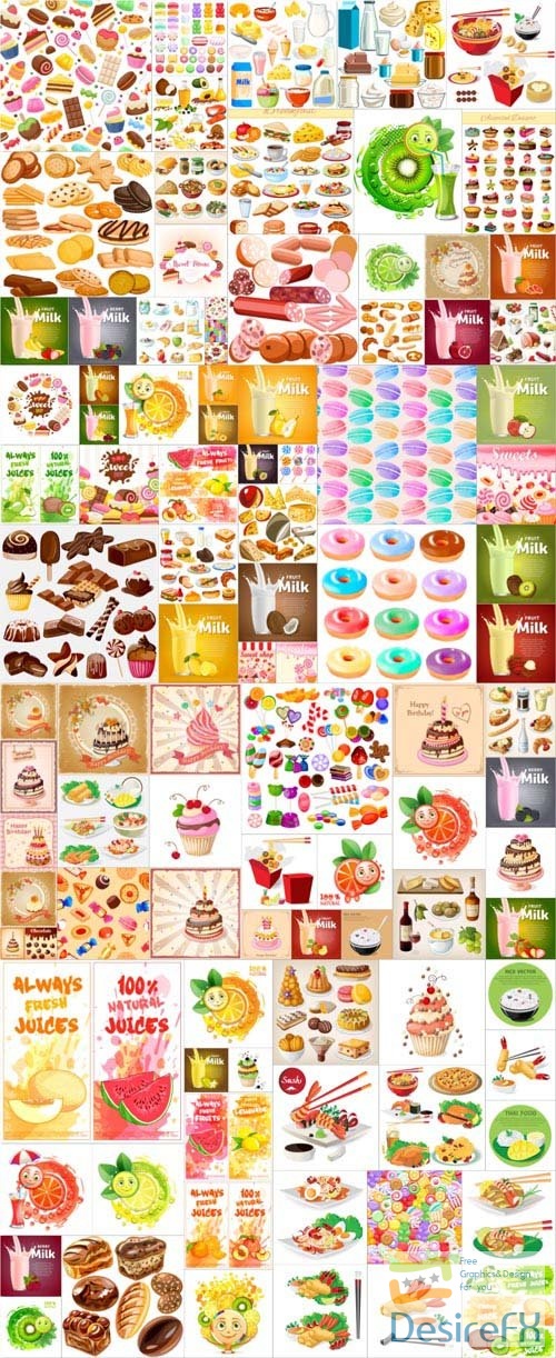 100 Food, desserts, fruits, vegetables, berries, meat, fish, drinks, ice cream, milk collection in vector