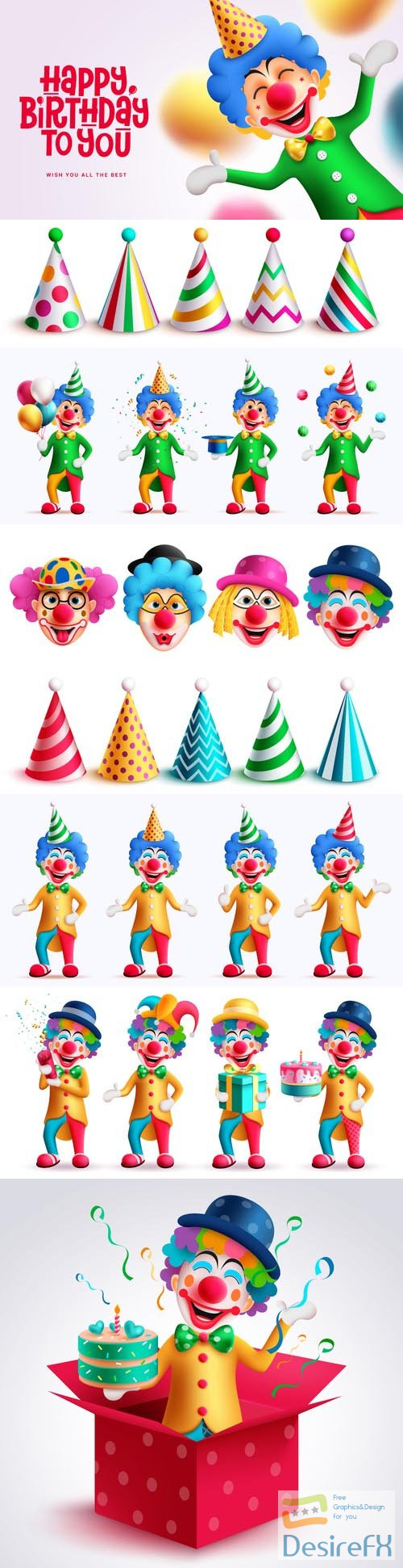 Birthday clown character vector design, happy birthday text design