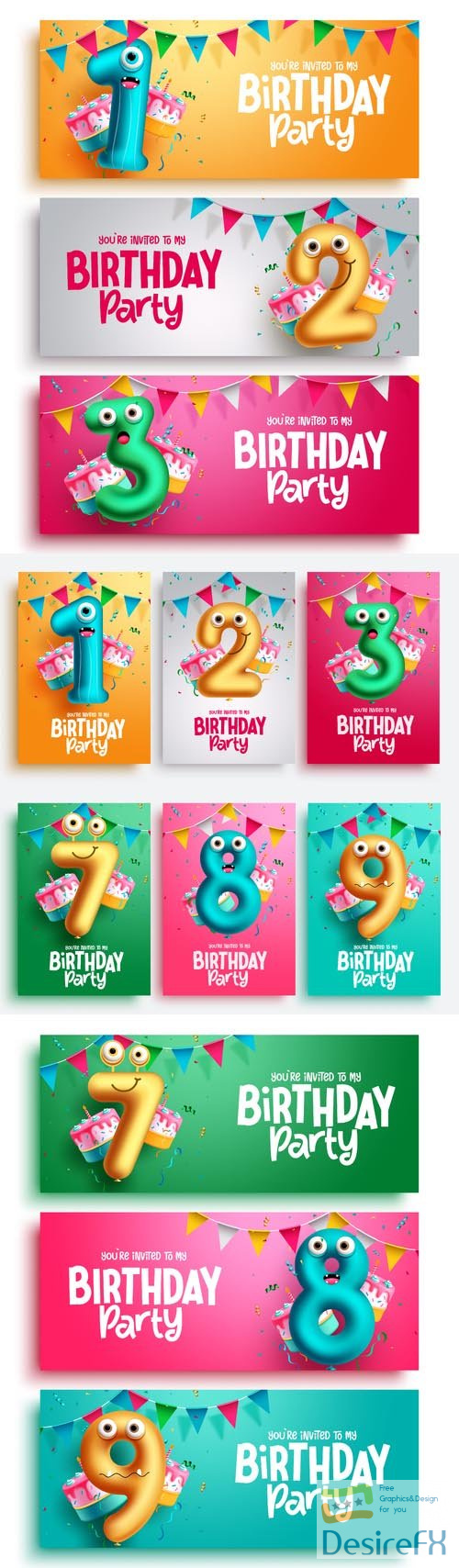 Birthday party vector set design, character balloons in number balloon collection