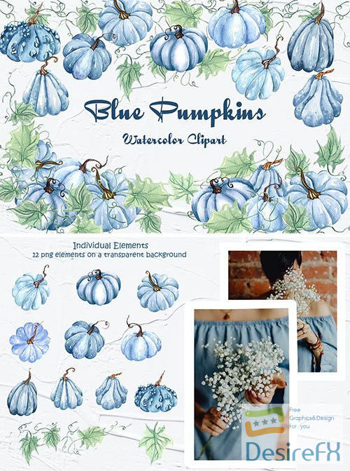 Blue Pumpkins Watercolor Clipart PNG