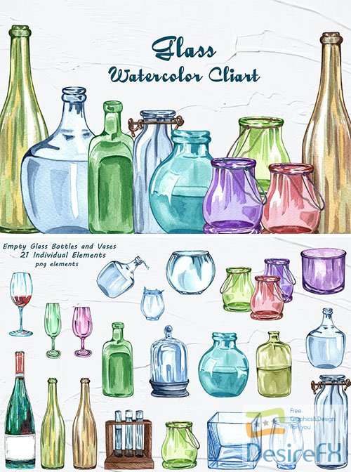 Bottle Glass Watercolor Clipart PNG