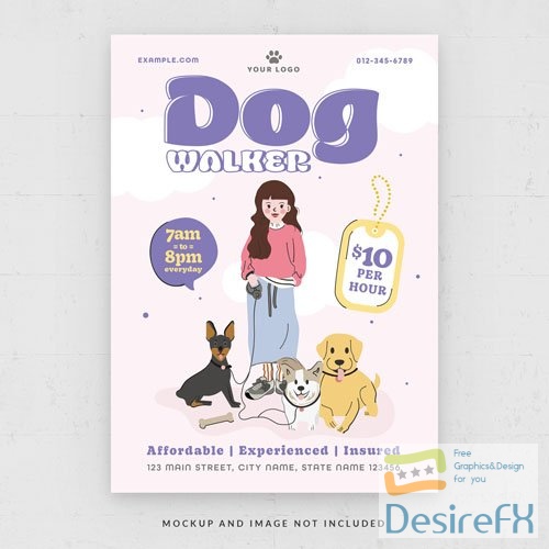 Dog walking pets service flyer template in psd pastel theme