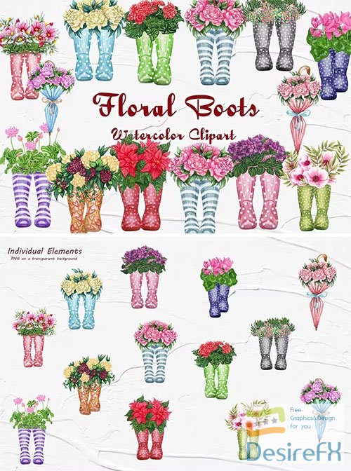 Floral Wellies Watercolor Clipart PNG