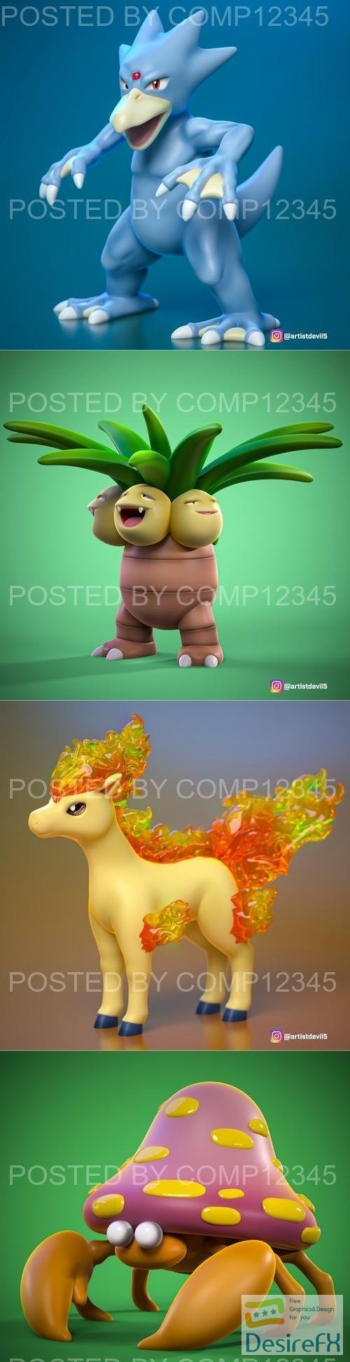 Golduck and Exeggutor and Ponyta and Parasect 3D Print