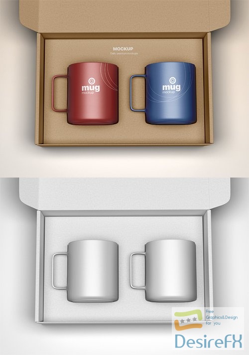 Mugs In Box Packaging PSD Mockup Template