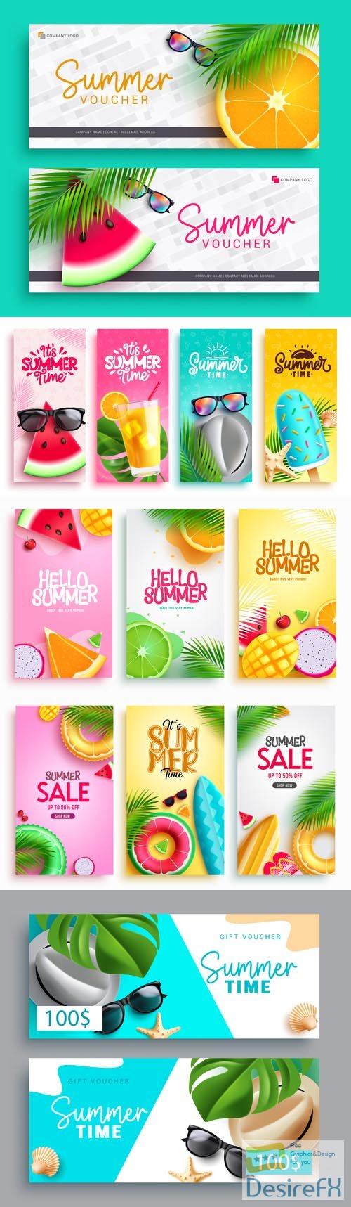 Summer poster vector set, summer sale offer discount