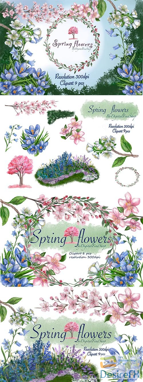 Watercolor flowers clipart set