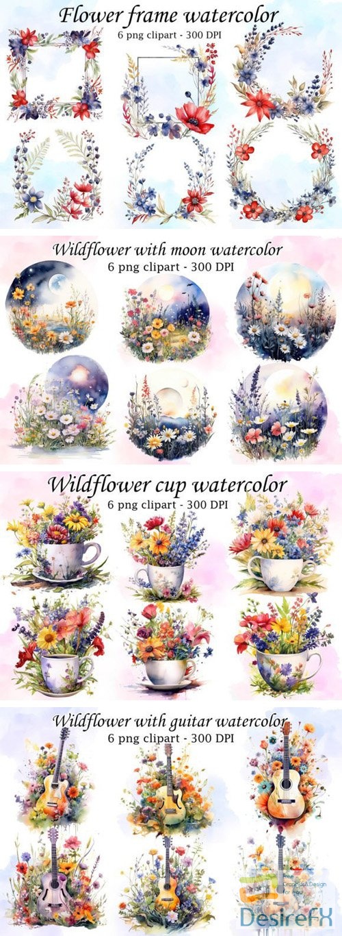 Watercolor Wildflowers PNG Clipart Collection