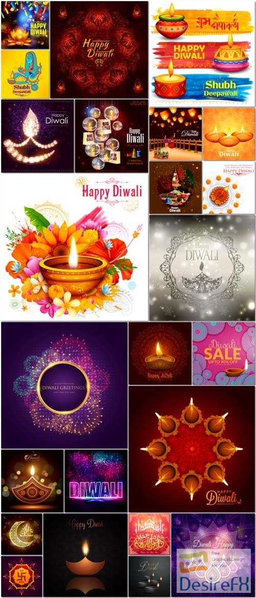 24 Happy Diwali, Indian holiday vector illustration