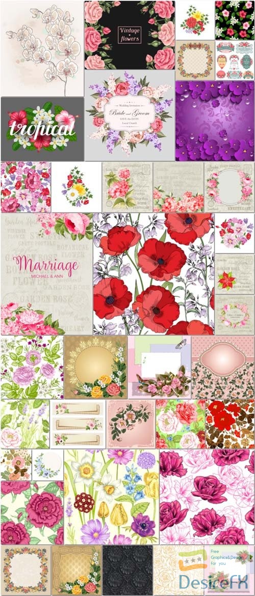 39 Floral vector backgrounds, floral ornaments and patterns