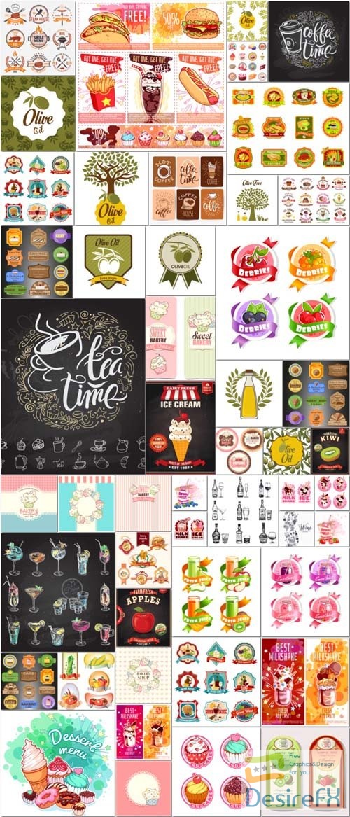 49 Labels, food labels and elements vector illustration