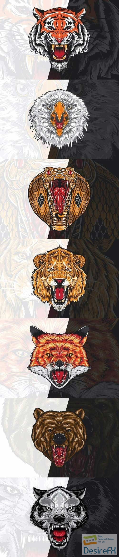 Angry head tiger, cobra, eagle, bear, fox, wolf, lion