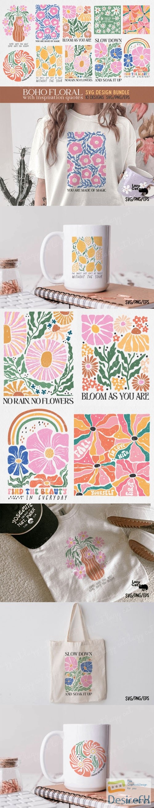 Boho Floral with inspiration Quotes Vector Bundle