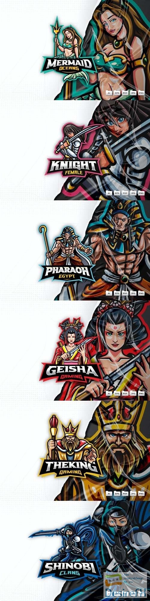 King, shinobi, pharaoh, mermaid, geisha, female knight, mascot logo design