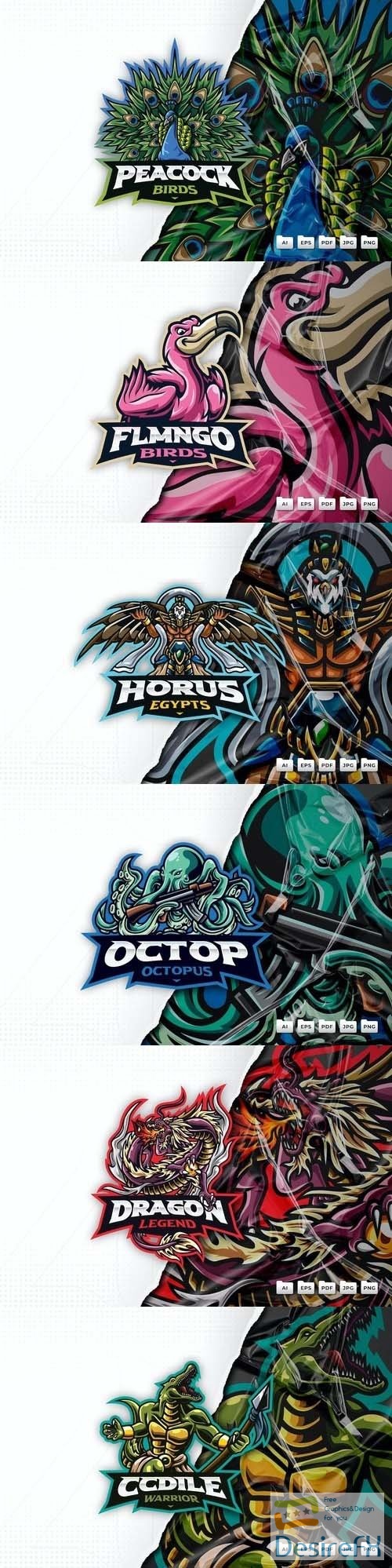 Peacock, octopus, horus, flamingo, dragon, crocodile, mascot logo design