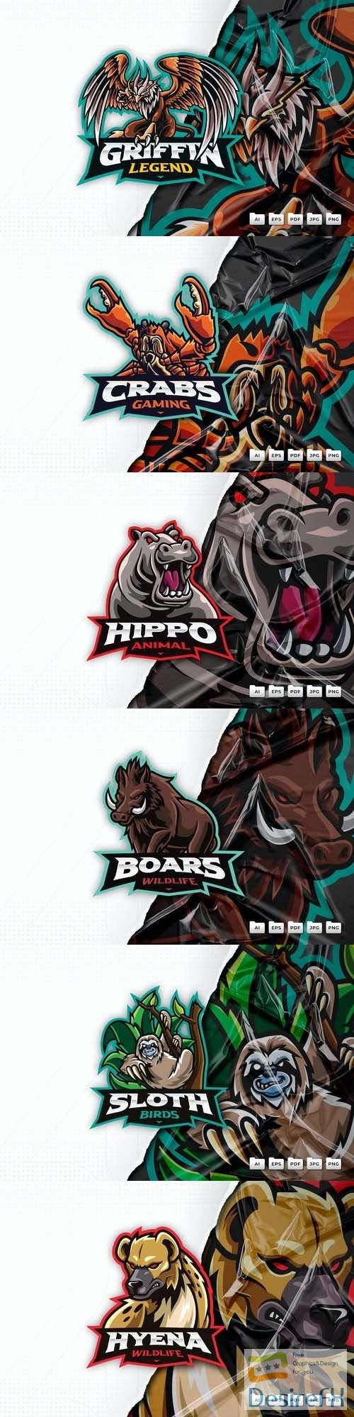 Sloth, hyena, hippo, griffin, crab, boar, mascot logo design