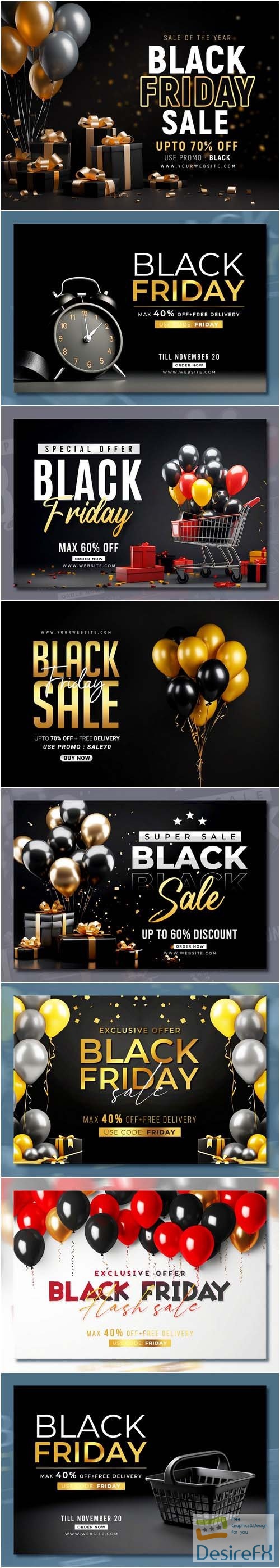 Black friday sale banner with realistic 3d gifts and balloons in psd vol 4