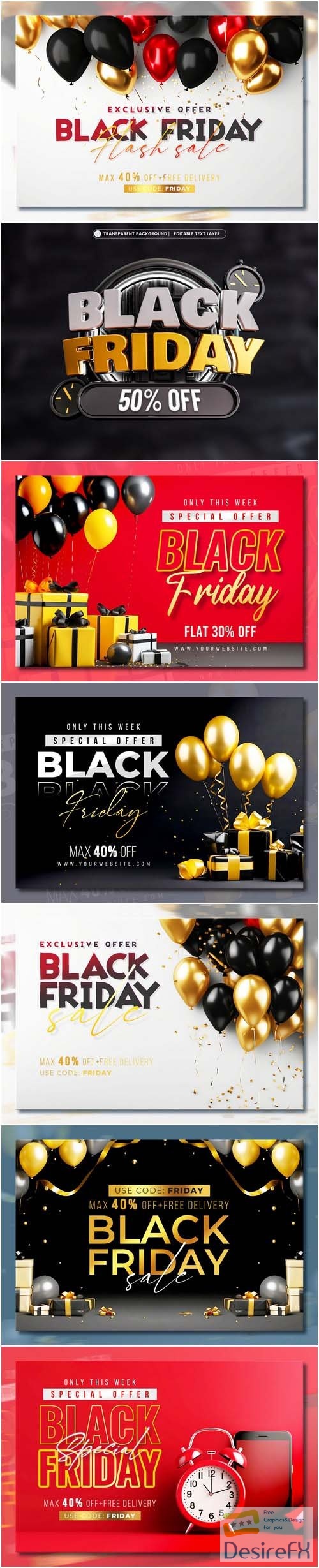 Black friday sale banner with realistic 3d gifts and balloons in psd vol 7