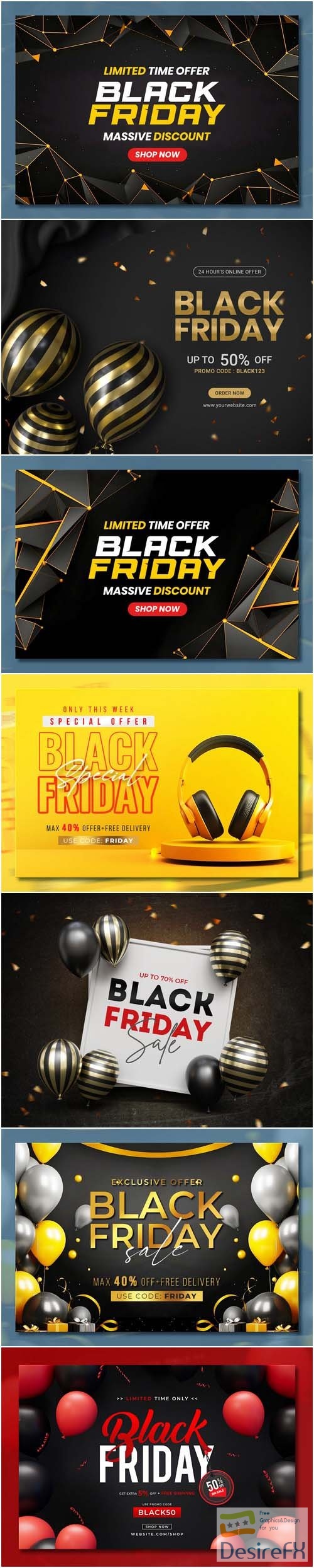 Black friday sale banner with realistic 3d gifts and balloons in psd vol 8