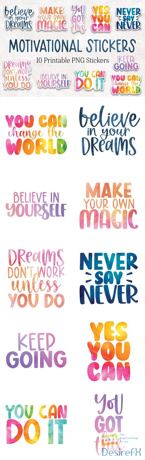 Motivational Stickers - 10 Printable Watercolor Stickers