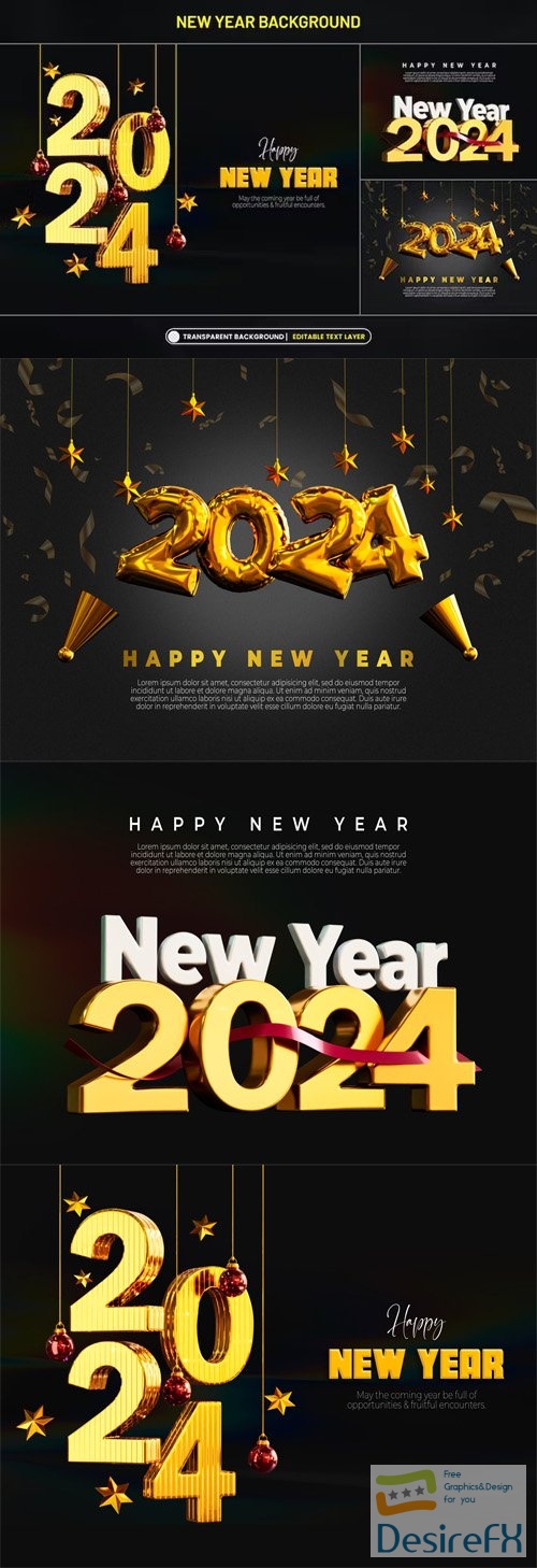 New Year 2024 Backgrounds with Stylized 3D Text - PSD Templates