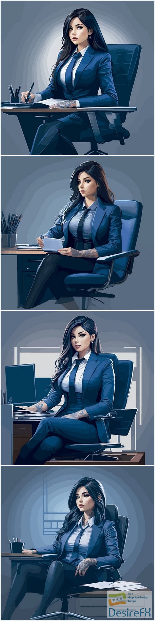 Vector tattooed executive sitting on office chair illustration