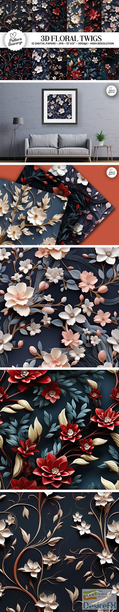 3D Floral Twigs Seamless Patterns