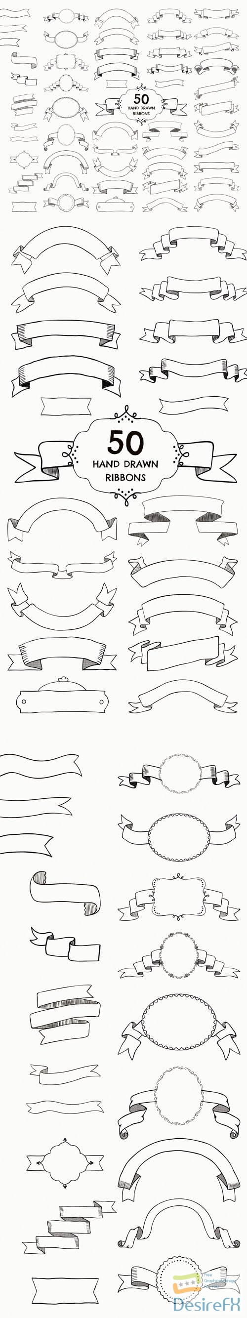 50 Vector Hand Drawn Ribbons + PNG