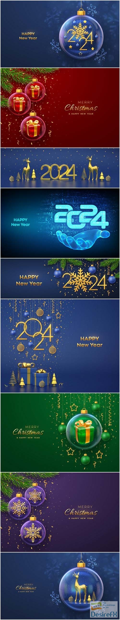 Happy new year 2024 hanging golden numbers, vector 3d stars balls confetti