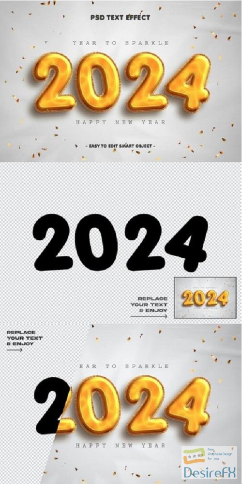 New Year 2024 Golden Balloon Text Effect Psd - Q933JM6