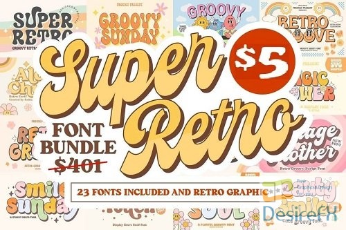 Super Retro Font and Graphics Bundle - 23 Premium Fonts,  47 Premium Graphics