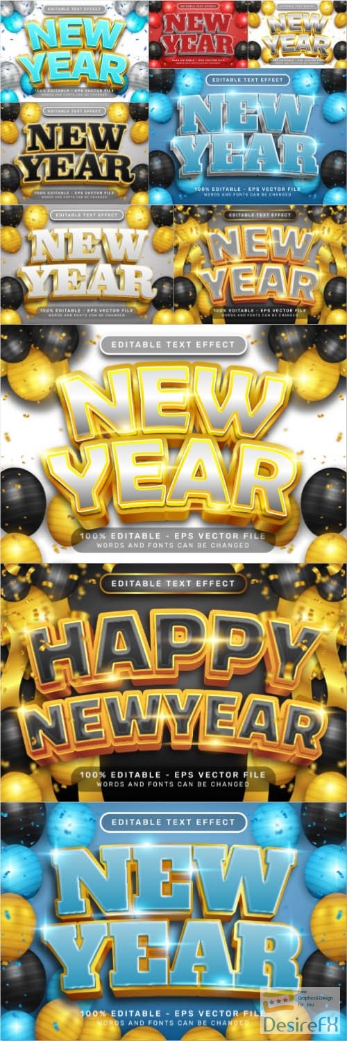 Vector happy new year 3d text effect and editable text effect