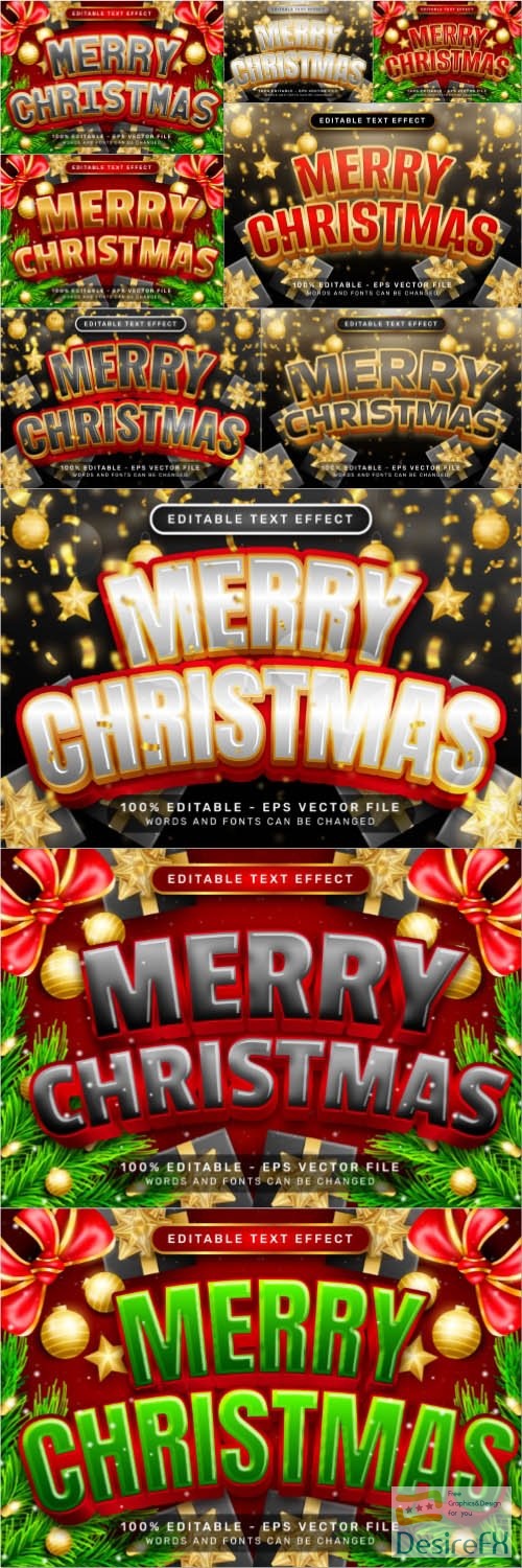 Vector merry christmas 3d text effect and editable text effect with christmas background