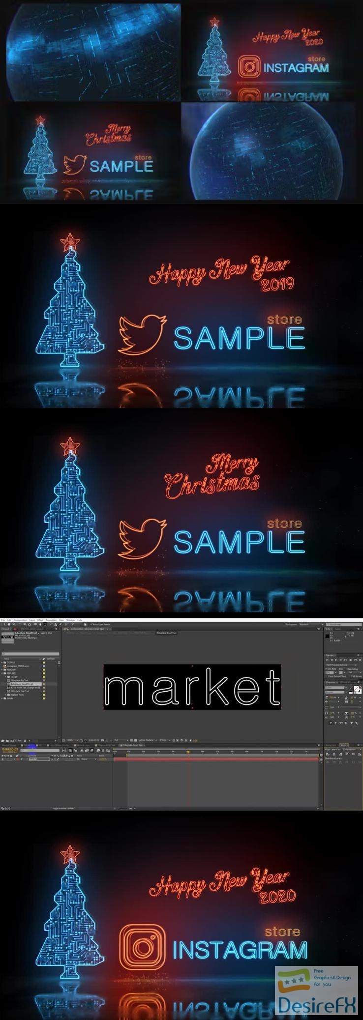 Videohive Happy New Year and Merry Christmas Digital Neon Logo Reveal 2 mode 22933077