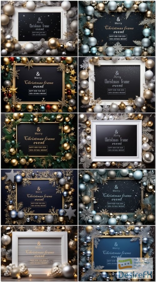 10 PSD merry christmas greeting in a frame background mockup