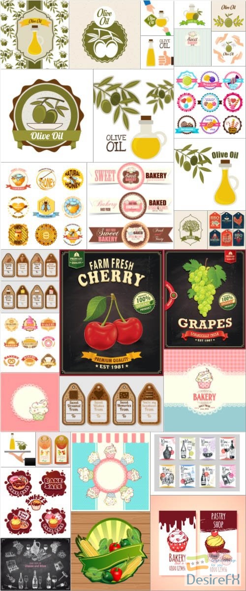 Food labels set, vegetables, fruits, ice cream in vector