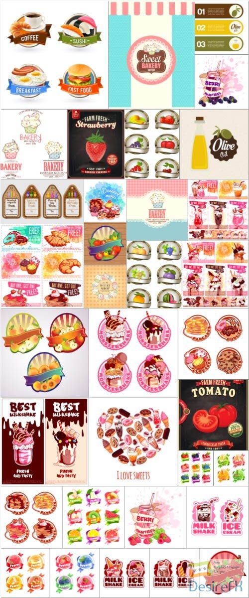 Labels, food, vegetables, fruits, ice cream in vector set
