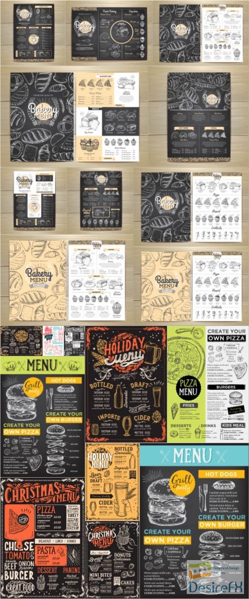 Restaurant menu food template set, logos, labels, elements in vector