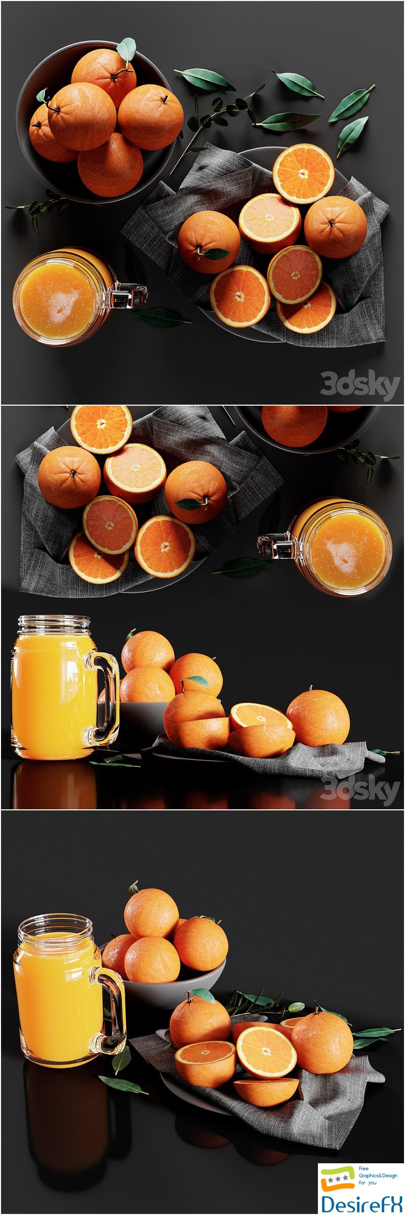 Table Setting with Oranges and Juice 3D Model