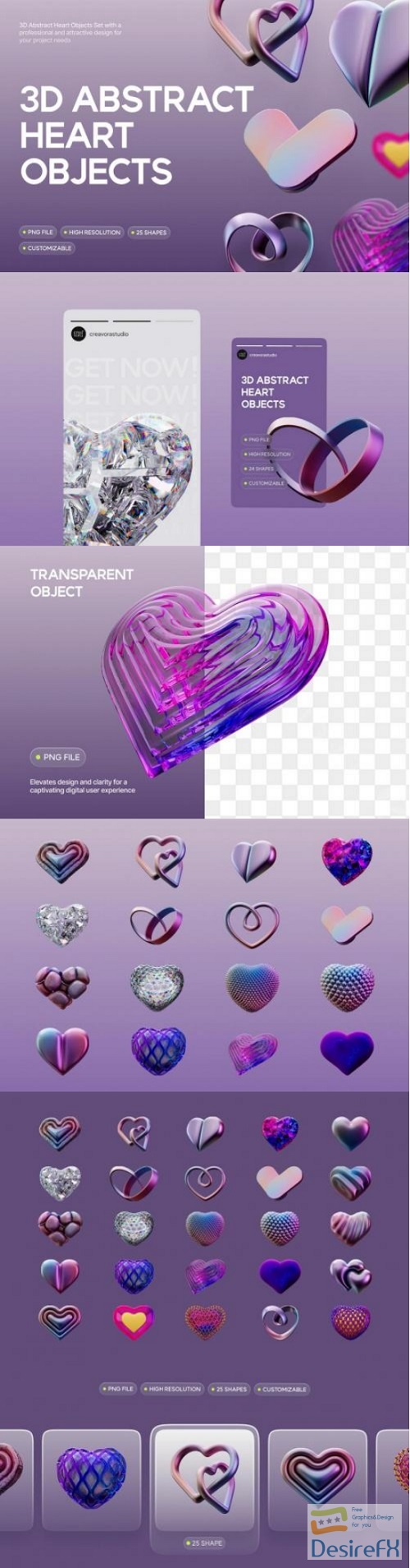 3D Abstract Heart Objects - FB53WHT
