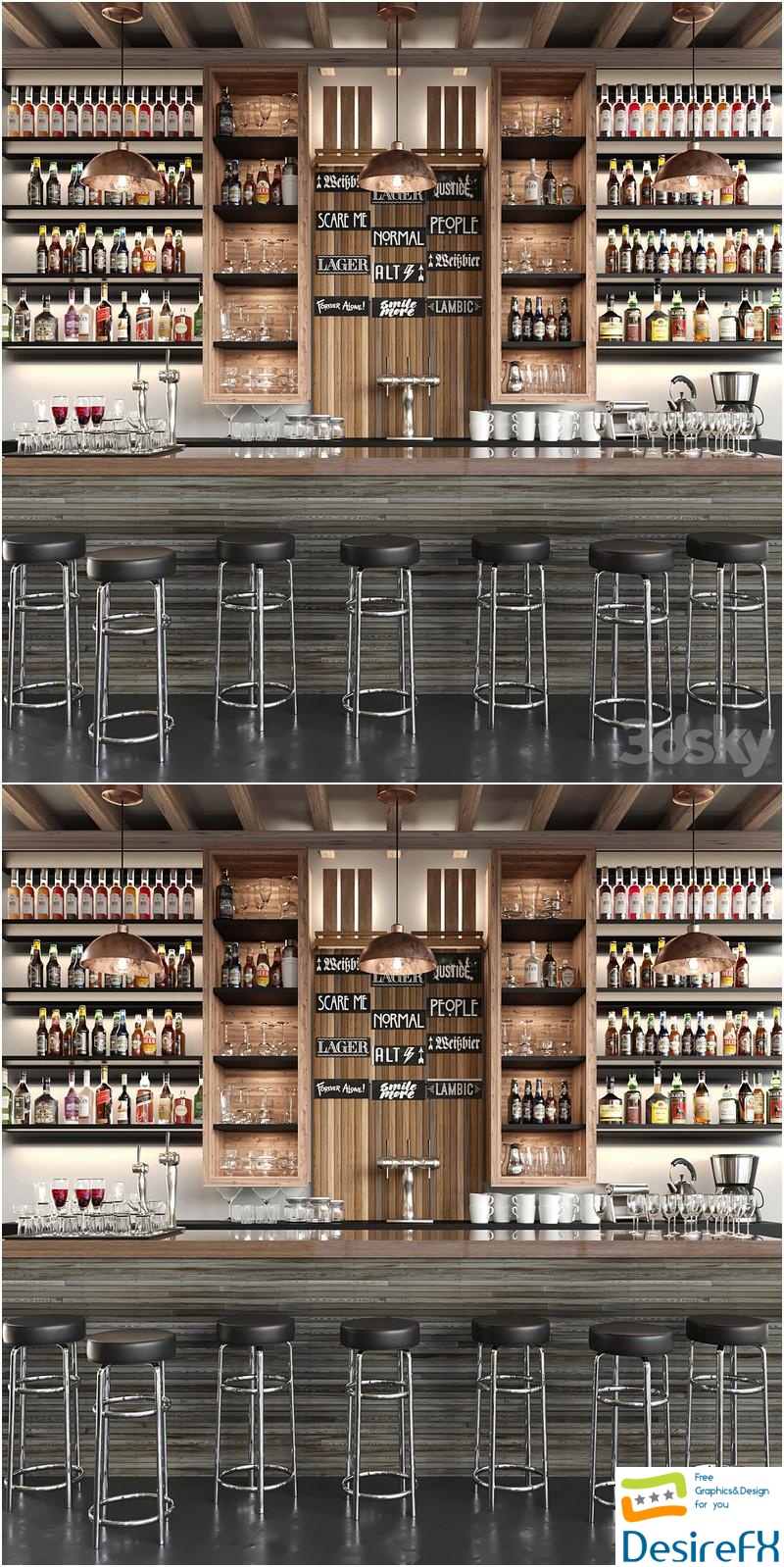 A large bar with alcohol and cocktails in ethnic style. Bar 3D Model