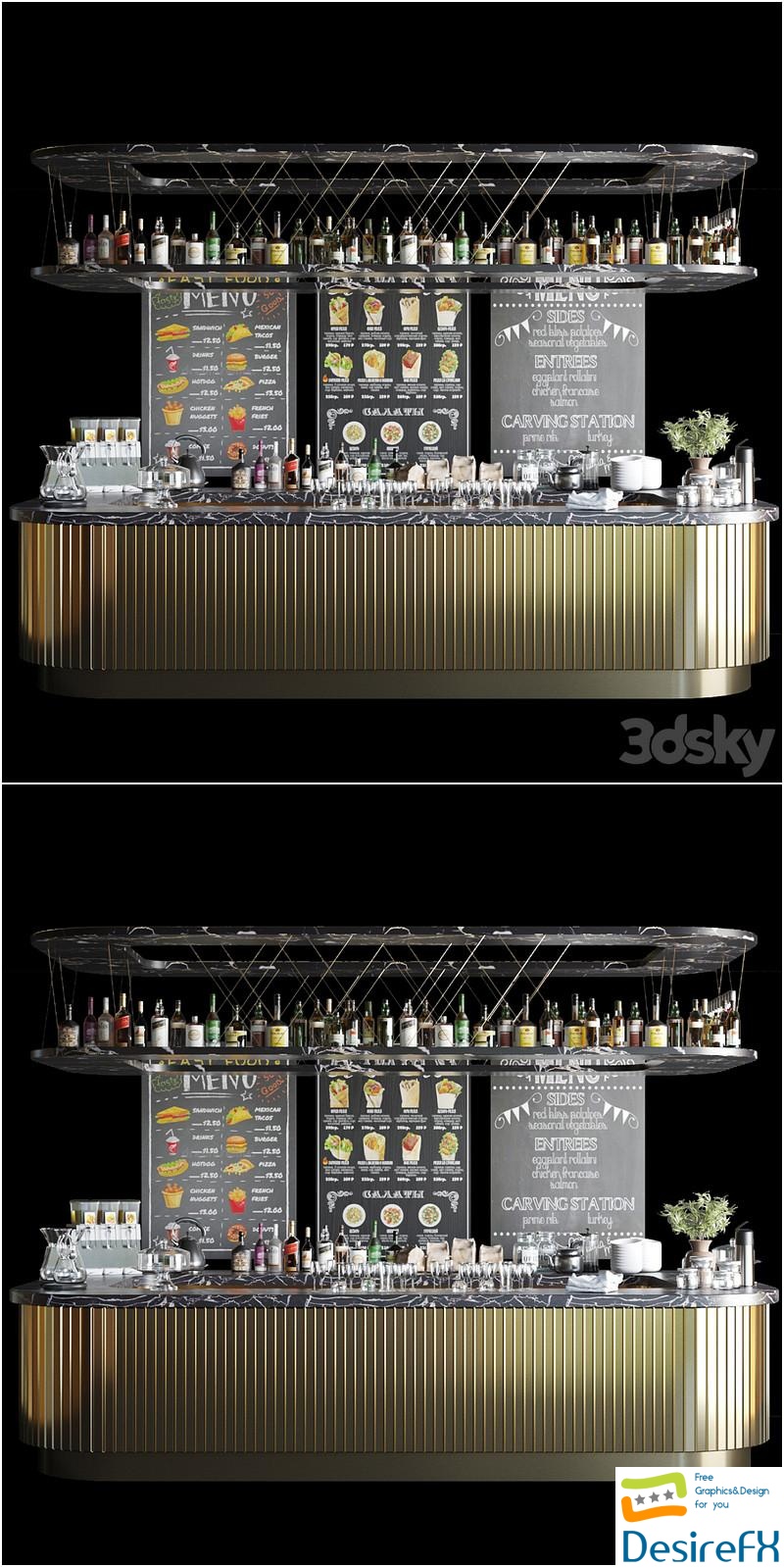 Bar counter with alcohol. Pub, bar, restaurant, cocktail, whiskey, cola, vodka, rum, sparkling, wine, beer, set 3D Model