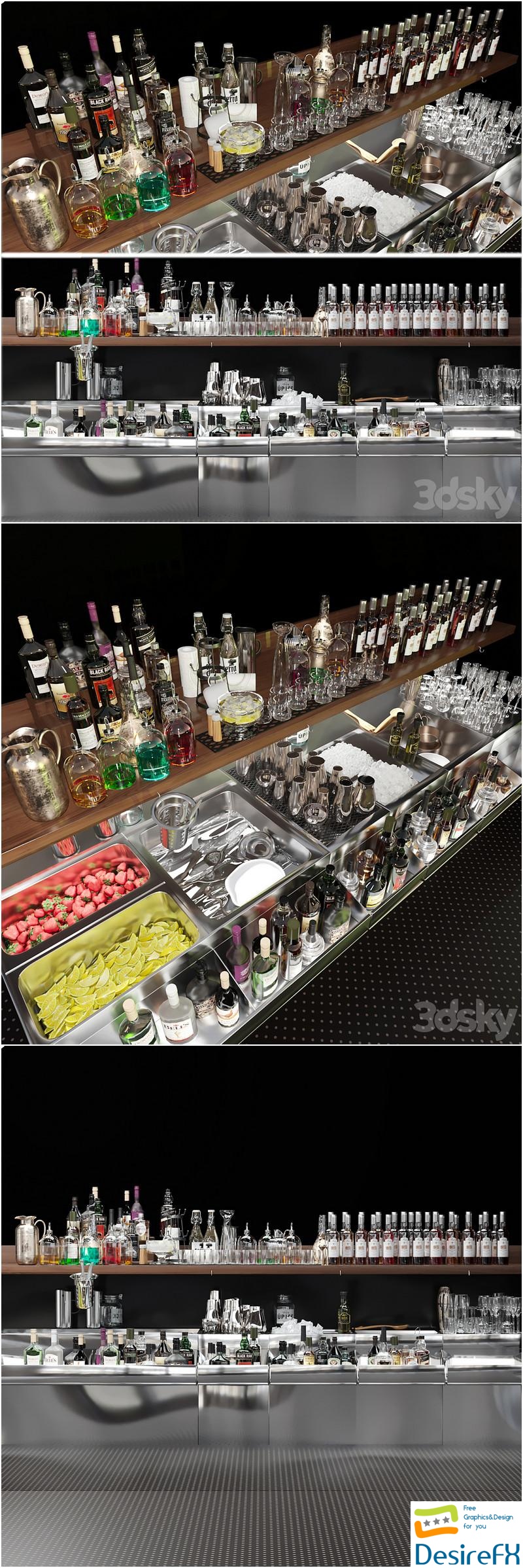 Bar counter with elite alcohol and cocktails. The pub 3D Model