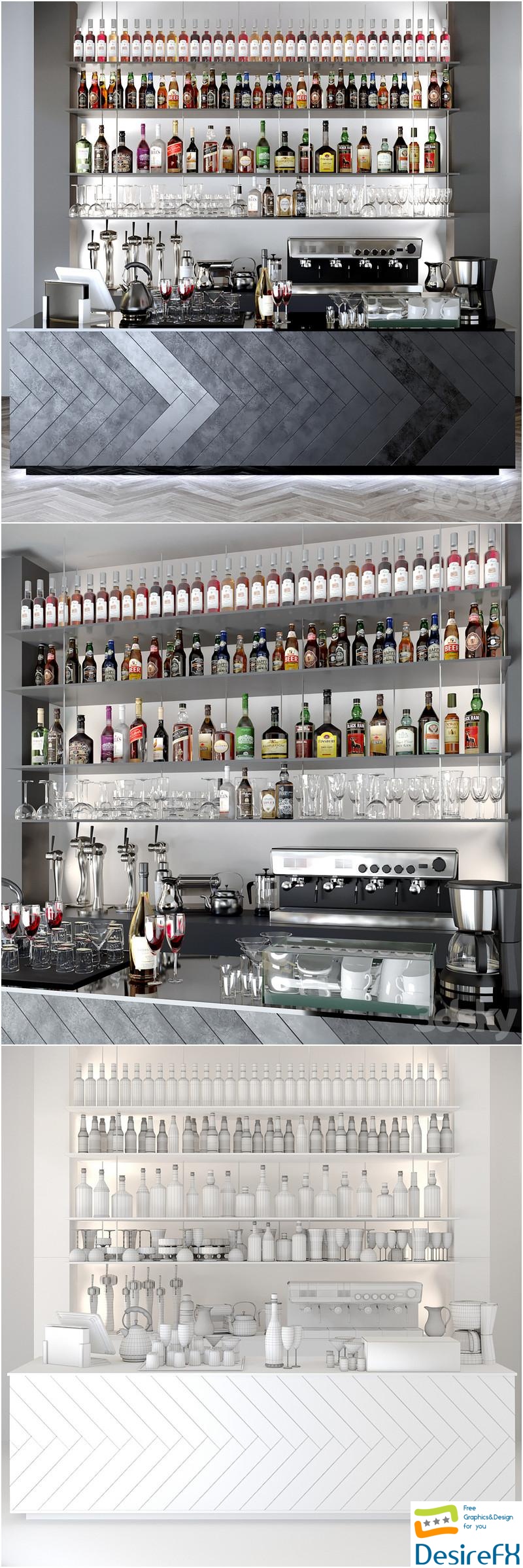 Bar counter with sets of alcohol. Alcohol, drink, cocktail, pub, bar, coffee 3D Model