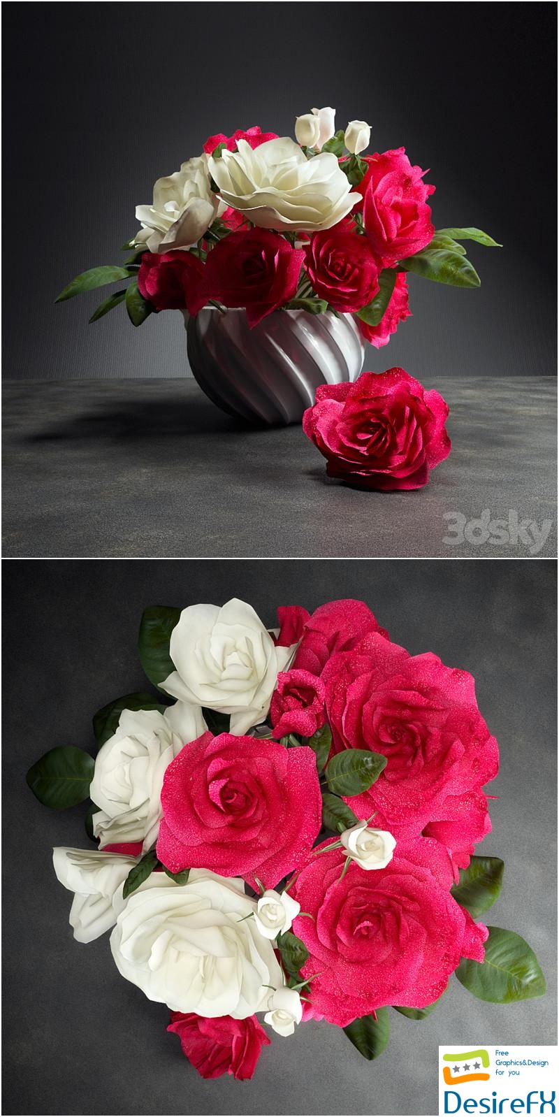 Bouquet of bright pink and white roses in a vase 3D Model