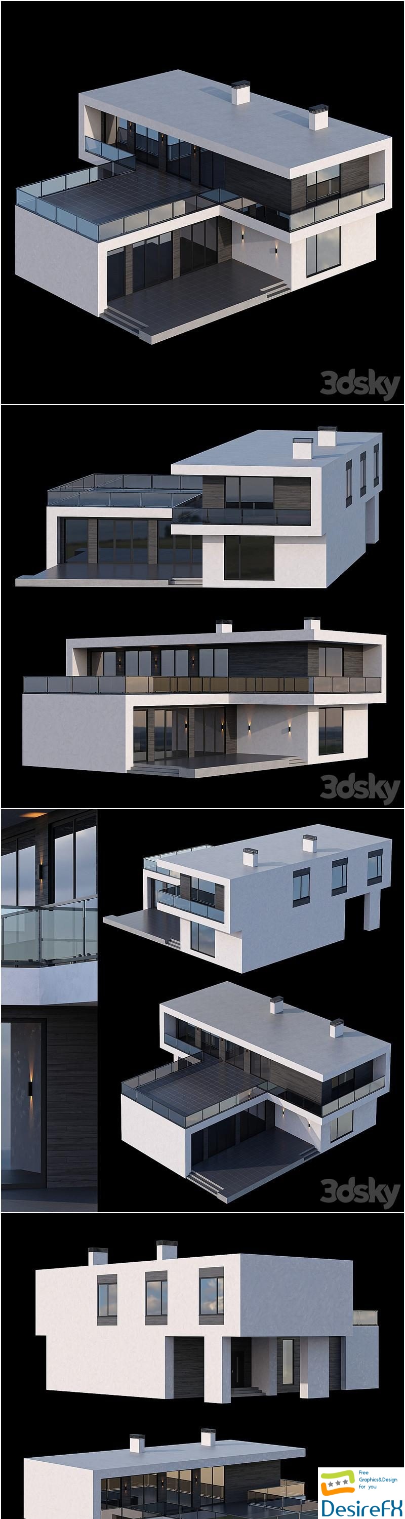 Modern two-storey cottage with a flat roof and a large Bauhaus-style terrace 3D Model