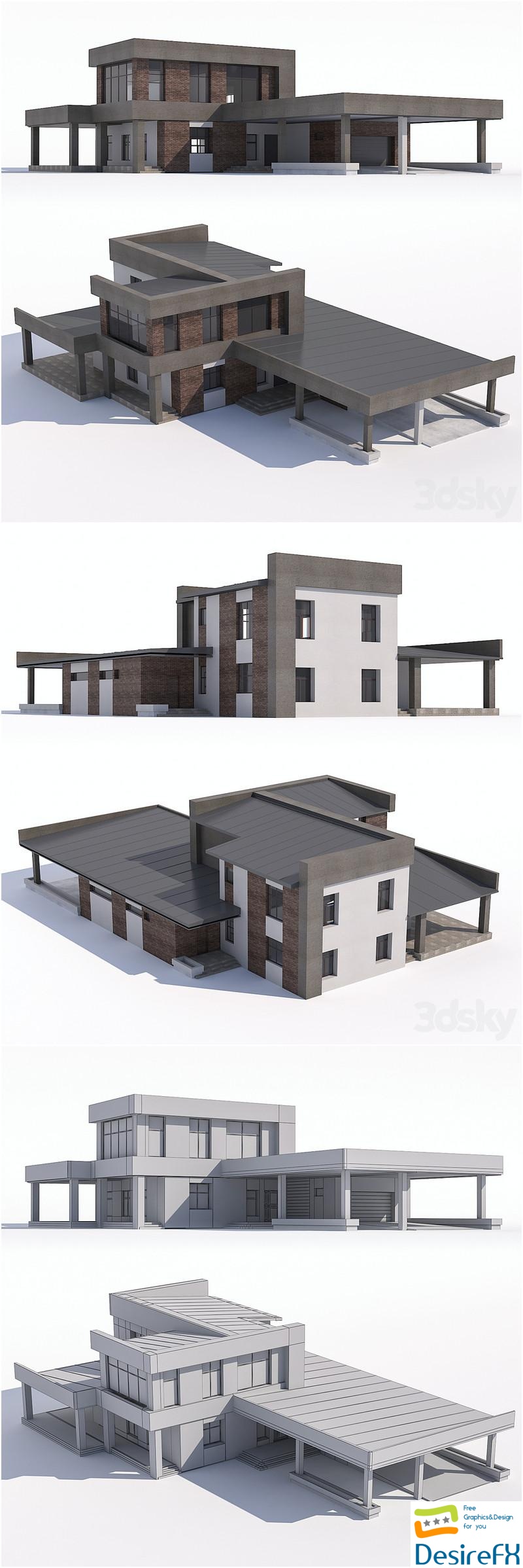 A modern two-storey house with an attached garage and a canopy 3D Model