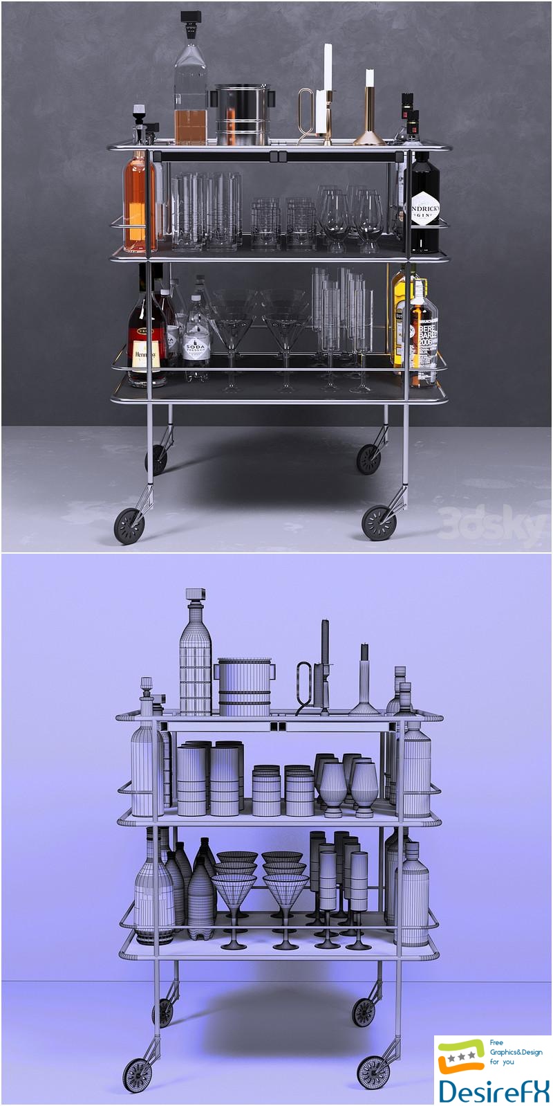 A table with alcohol and a crystal service. Wine 3D Model