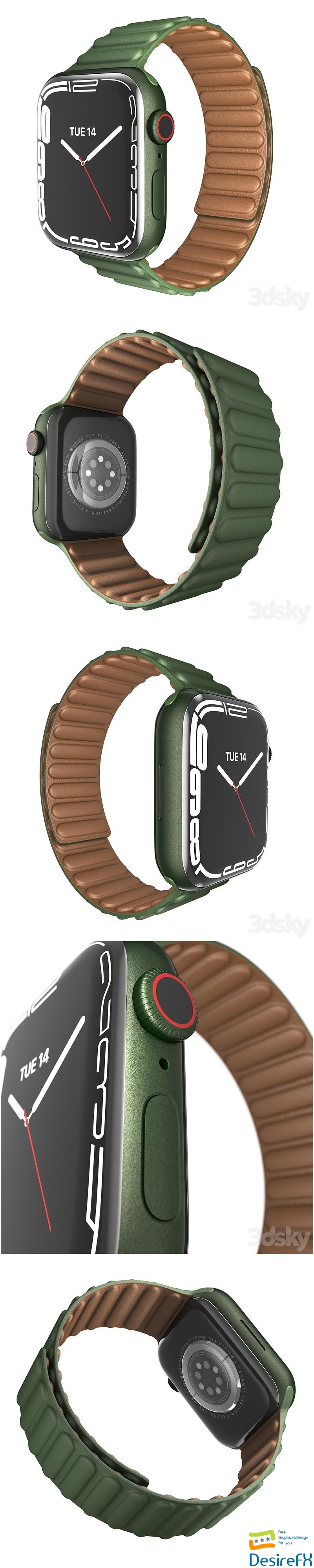 Apple Watch Series 7 45mm Green Aluminum Case with Green Leather Link 3D Model