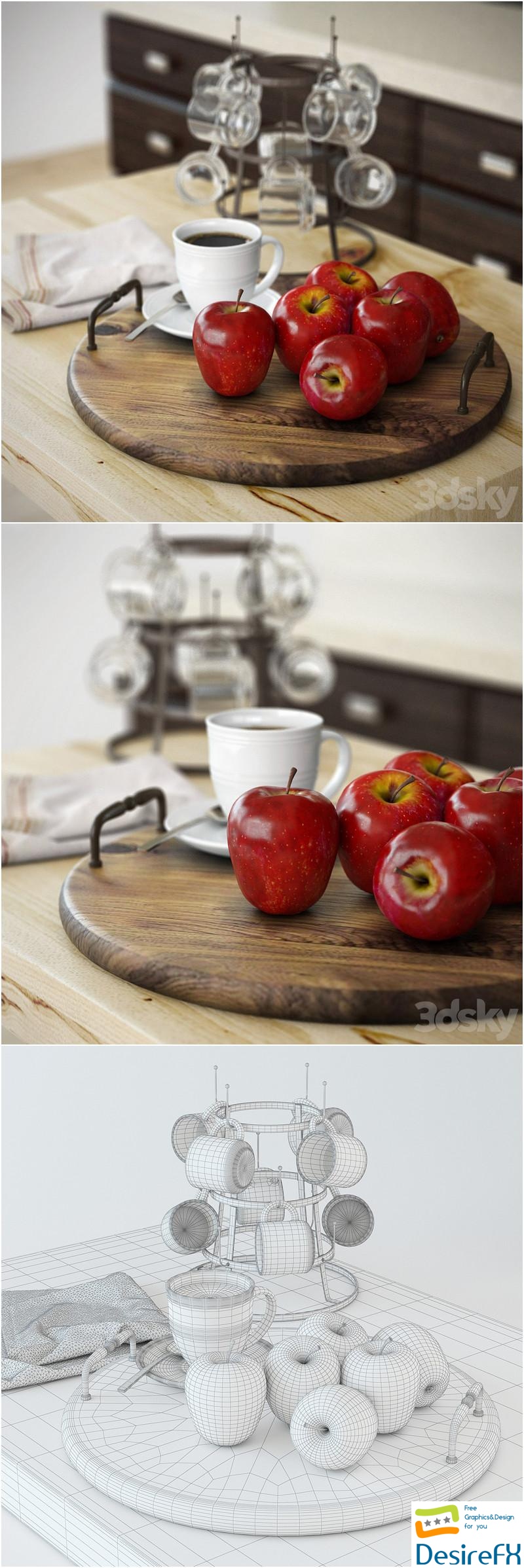 Apples decorative set, coffee cup 3D Model